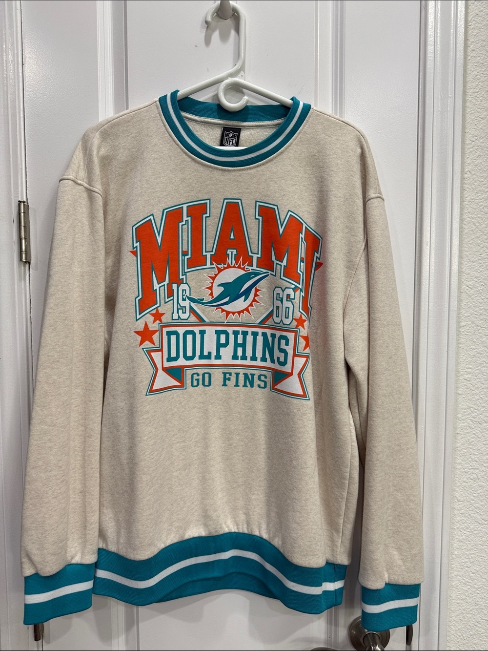 NFL Miami Dolphins Cream Pullover with Teal and Orange Graphics- unisex
